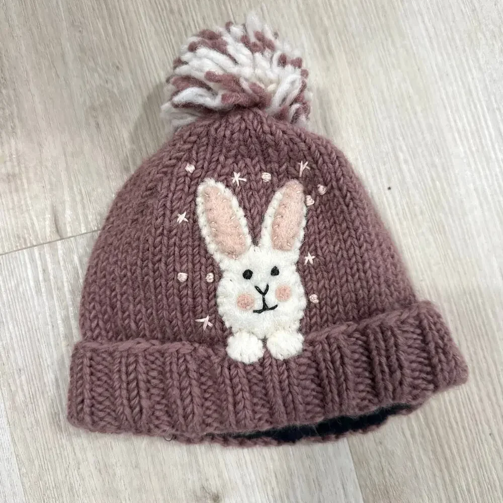Ambler Kids Peek A Boo Wool Hat Bunny Knit Pom Beanie Winter Fleece Lined